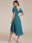 Chic V Neck Asymmetrical Hem Ruffles Sleeve Pleated Chiffon Wedding Guest Dress – Teal