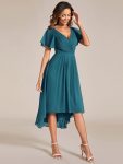 Chic V Neck Asymmetrical Hem Ruffles Sleeve Pleated Chiffon Wedding Guest Dress – Teal