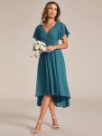 Chic V Neck Asymmetrical Hem Ruffles Sleeve Pleated Chiffon Wedding Guest Dress – Teal