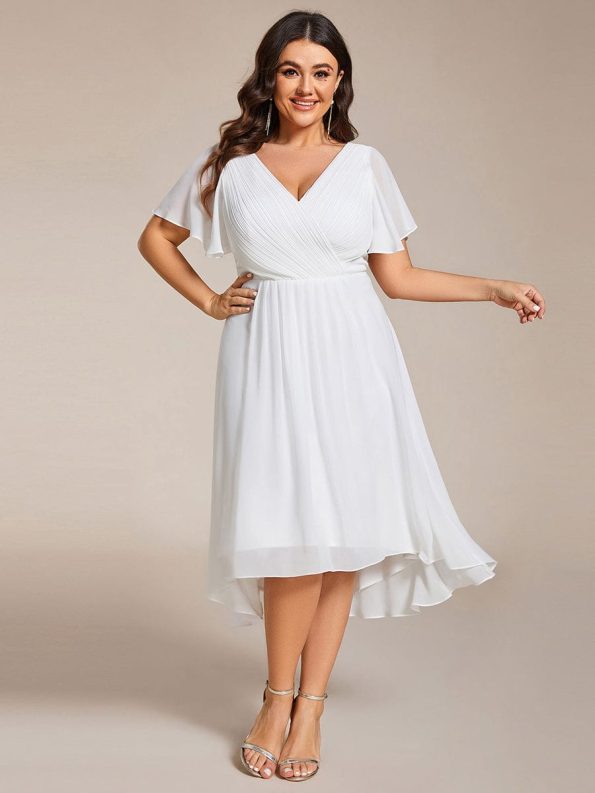 Plus Size Double V-Neck Ruffles Sleeve Chiffon Midi Wedding Guest Dress - White