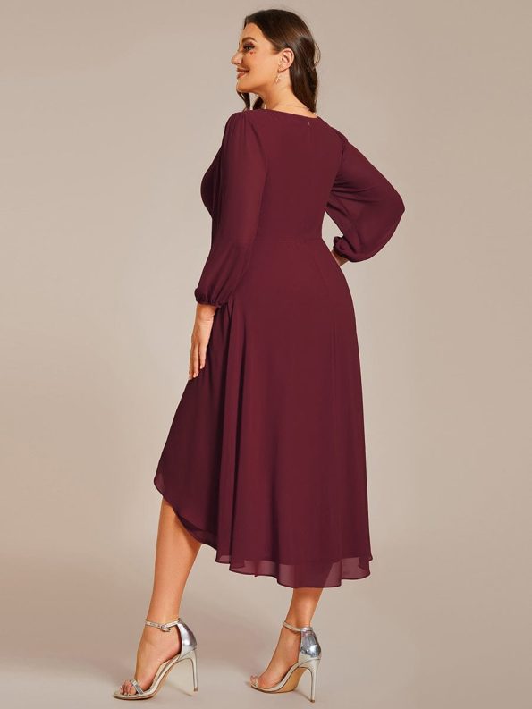 Long Sleeves Asymmetrical Hem A-Line Midi Wedding Guest Dress - Burgundy