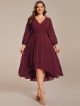 Plus Size Chiffon A-Line Long Sleeves Asymmetrical Hem Wedding Guest Dress – Burgundy