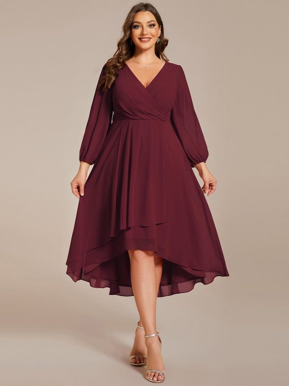 Plus Size Chiffon A-Line Long Sleeves Asymmetrical Hem Wedding Guest Dress - Burgundy