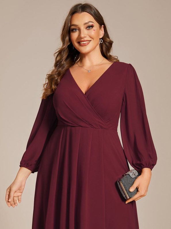 Plus Size Chiffon A-Line Long Sleeves Asymmetrical Hem Wedding Guest Dress - Burgundy