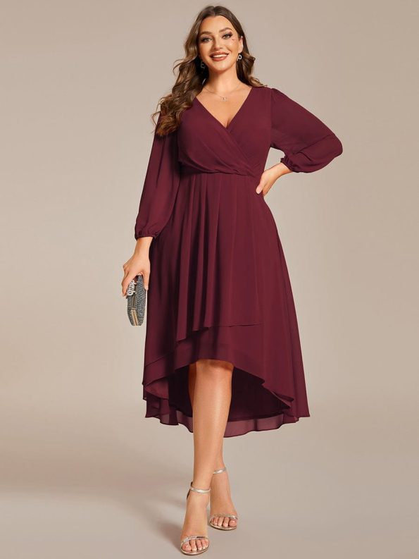 Long Sleeves Asymmetrical Hem A-Line Midi Wedding Guest Dress - Burgundy