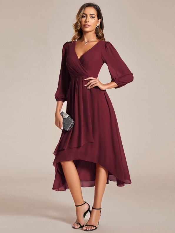 Long Sleeves Asymmetrical Hem A-Line Midi Wedding Guest Dress - Burgundy