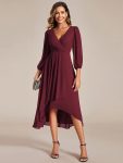 Long Sleeves Asymmetrical Hem A-Line Midi Wedding Guest Dress – Burgundy