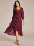 Long Sleeves Asymmetrical Hem A-Line Midi Wedding Guest Dress – Burgundy