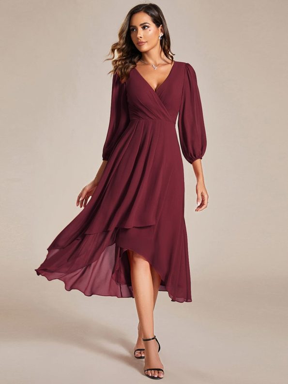 Long Sleeves Asymmetrical Hem A-Line Midi Wedding Guest Dress - Burgundy