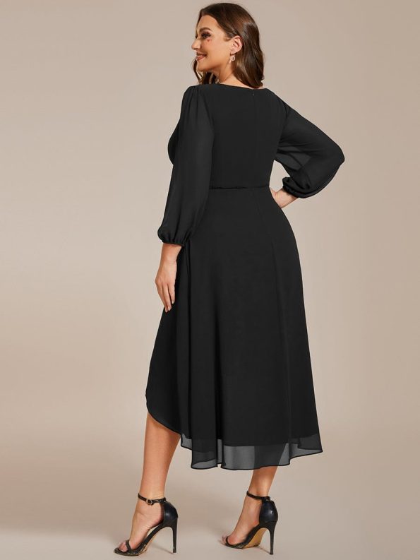 Plus Size Chiffon A-Line Long Sleeves Asymmetrical Hem Wedding Guest Dress - Black