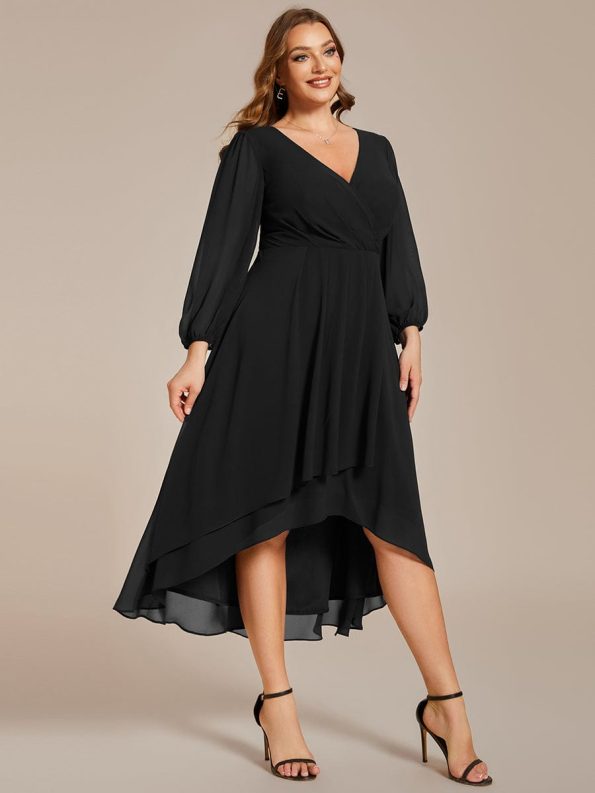 Plus Size Chiffon A-Line Long Sleeves Asymmetrical Hem Wedding Guest Dress - Black