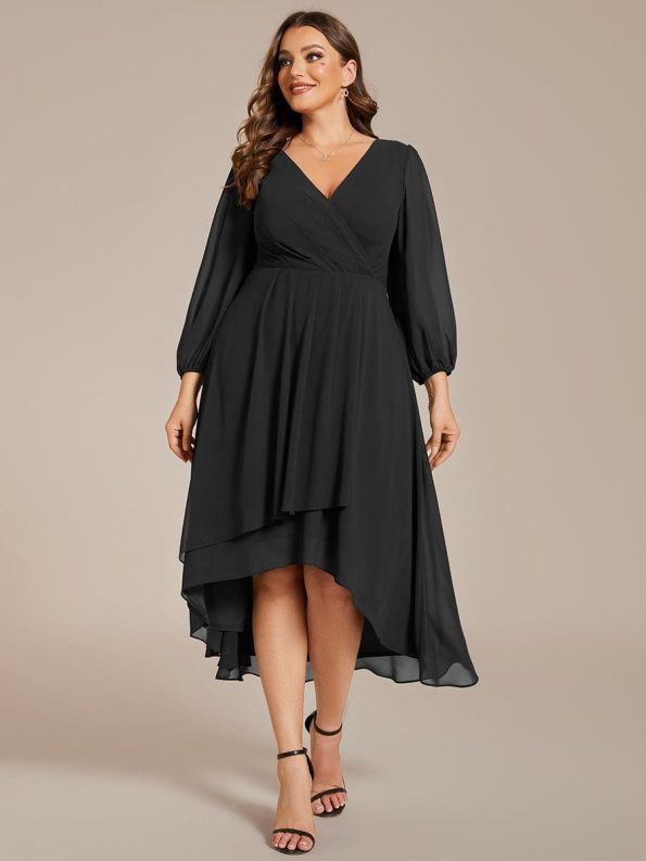 Plus Size Chiffon A-Line Long Sleeves Asymmetrical Hem Wedding Guest Dress - Black