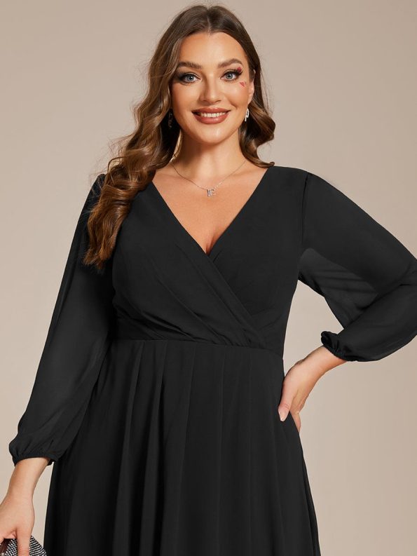 Long Sleeves Asymmetrical Hem A-Line Midi Wedding Guest Dress - Black