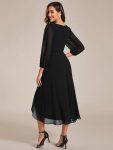 Long Sleeves Asymmetrical Hem A-Line Midi Wedding Guest Dress – Black