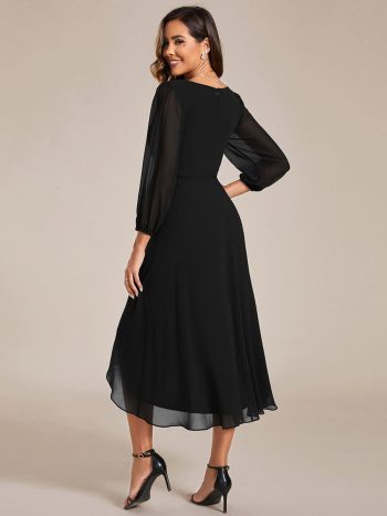 Long Sleeves Asymmetrical Hem A-Line Midi Wedding Guest Dress - Black