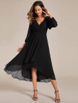 Long Sleeves Asymmetrical Hem A-Line Midi Wedding Guest Dress – Black