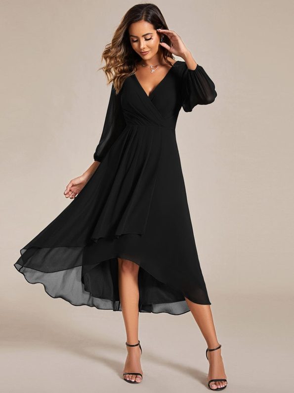 Long Sleeves Asymmetrical Hem A-Line Midi Wedding Guest Dress - Black