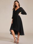 Long Sleeves Asymmetrical Hem A-Line Midi Wedding Guest Dress – Black