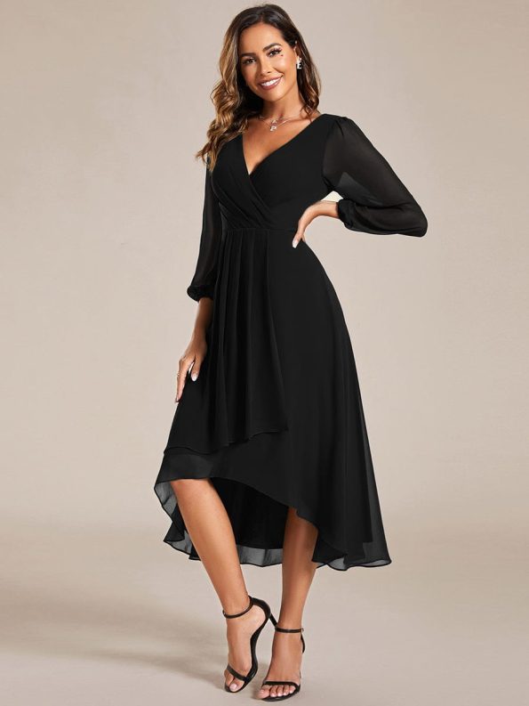 Long Sleeves Asymmetrical Hem A-Line Midi Wedding Guest Dress - Black