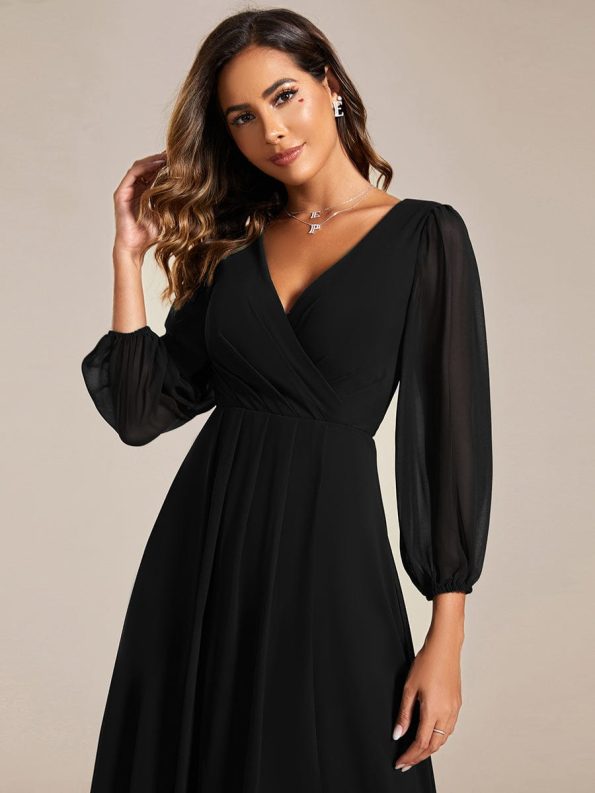 Long Sleeves Asymmetrical Hem A-Line Midi Wedding Guest Dress - Black