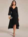 Long Sleeves Asymmetrical Hem A-Line Midi Wedding Guest Dress – Black