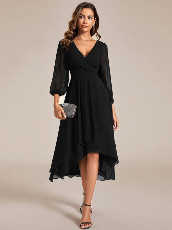 Long Sleeves Asymmetrical Hem A-Line Midi Wedding Guest Dress - Black