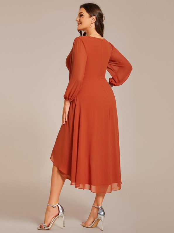 Long Sleeves Asymmetrical Hem A-Line Midi Wedding Guest Dress - Burnt Orange