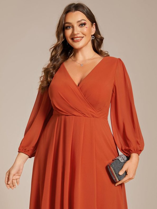 Plus Size Chiffon A-Line Long Sleeves Asymmetrical Hem Wedding Guest Dress - Burnt Orange