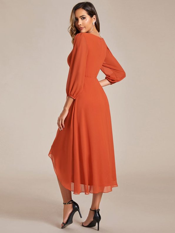 Long Sleeves Asymmetrical Hem A-Line Midi Wedding Guest Dress - Burnt Orange