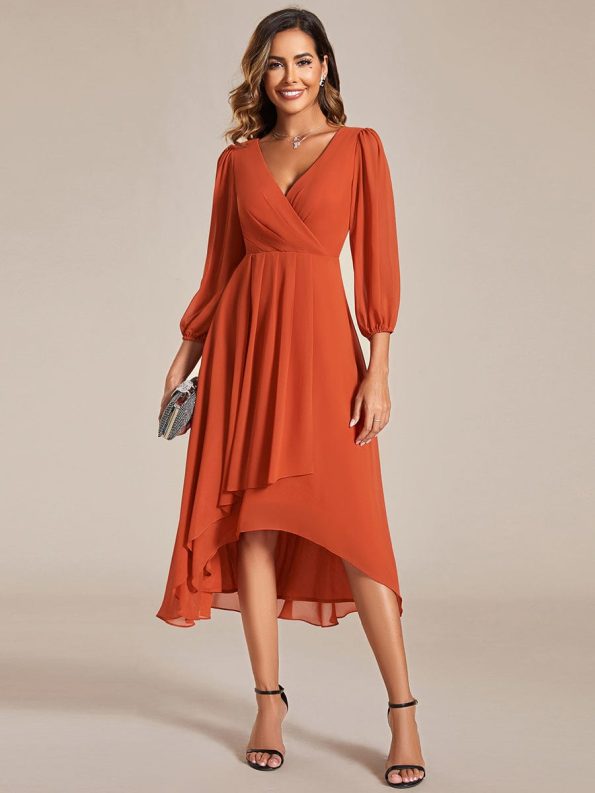 Long Sleeves Asymmetrical Hem A-Line Midi Wedding Guest Dress - Burnt Orange