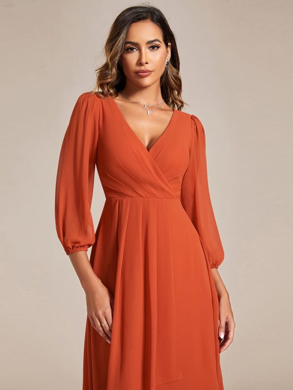 Long Sleeves Asymmetrical Hem A-Line Midi Wedding Guest Dress - Burnt Orange