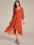 Long Sleeves Asymmetrical Hem A-Line Midi Wedding Guest Dress – Burnt Orange