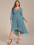 Plus Size Chiffon A-Line Long Sleeves Asymmetrical Hem Wedding Guest Dress – Dusty Blue