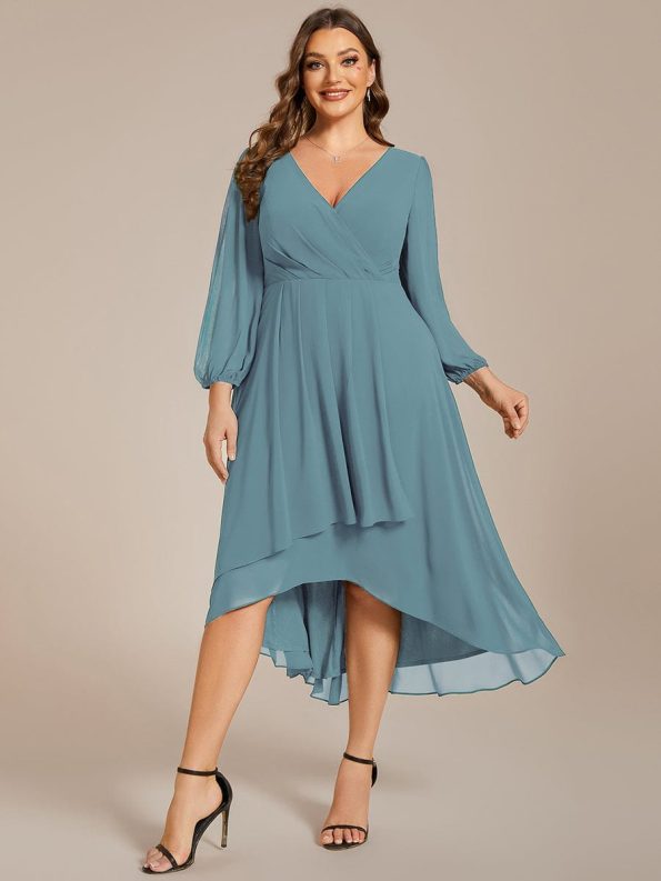 Long Sleeves Asymmetrical Hem A-Line Midi Wedding Guest Dress - Dusty Blue