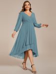 Plus Size Chiffon A-Line Long Sleeves Asymmetrical Hem Wedding Guest Dress – Dusty Blue