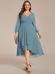 Plus Size Chiffon A-Line Long Sleeves Asymmetrical Hem Wedding Guest Dress – Dusty Blue