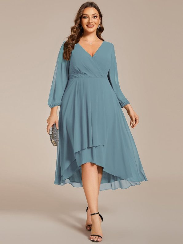 Plus Size Chiffon A-Line Long Sleeves Asymmetrical Hem Wedding Guest Dress - Dusty Blue