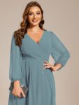 Plus Size Chiffon A-Line Long Sleeves Asymmetrical Hem Wedding Guest Dress – Dusty Blue