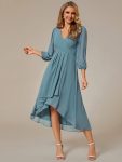 Long Sleeves Asymmetrical Hem A-Line Midi Wedding Guest Dress – Dusty Blue