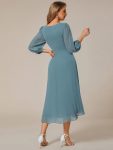 Long Sleeves Asymmetrical Hem A-Line Midi Wedding Guest Dress – Dusty Blue