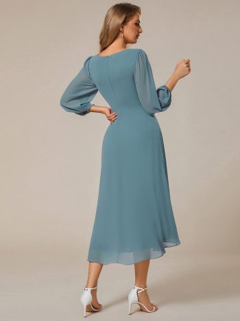 Long Sleeves Asymmetrical Hem A-Line Midi Wedding Guest Dress - Dusty Blue