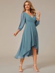 Long Sleeves Asymmetrical Hem A-Line Midi Wedding Guest Dress – Dusty Blue