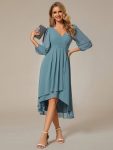 Long Sleeves Asymmetrical Hem A-Line Midi Wedding Guest Dress – Dusty Blue