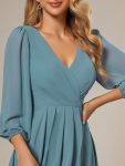 Long Sleeves Asymmetrical Hem A-Line Midi Wedding Guest Dress – Dusty Blue