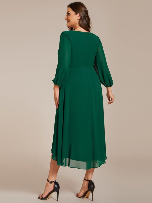 Long Sleeves Asymmetrical Hem A-Line Midi Wedding Guest Dress - Dark Green