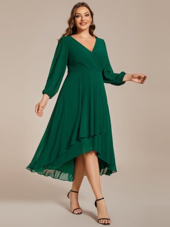 Plus Size Chiffon A-Line Long Sleeves Asymmetrical Hem Wedding Guest Dress - Dark Green