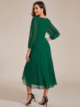 Long Sleeves Asymmetrical Hem A-Line Midi Wedding Guest Dress – Dark Green