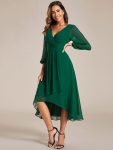 Long Sleeves Asymmetrical Hem A-Line Midi Wedding Guest Dress – Dark Green