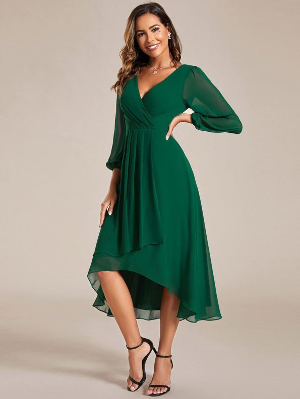 Long Sleeves Asymmetrical Hem A-Line Midi Wedding Guest Dress - Dark Green