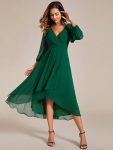 Long Sleeves Asymmetrical Hem A-Line Midi Wedding Guest Dress – Dark Green